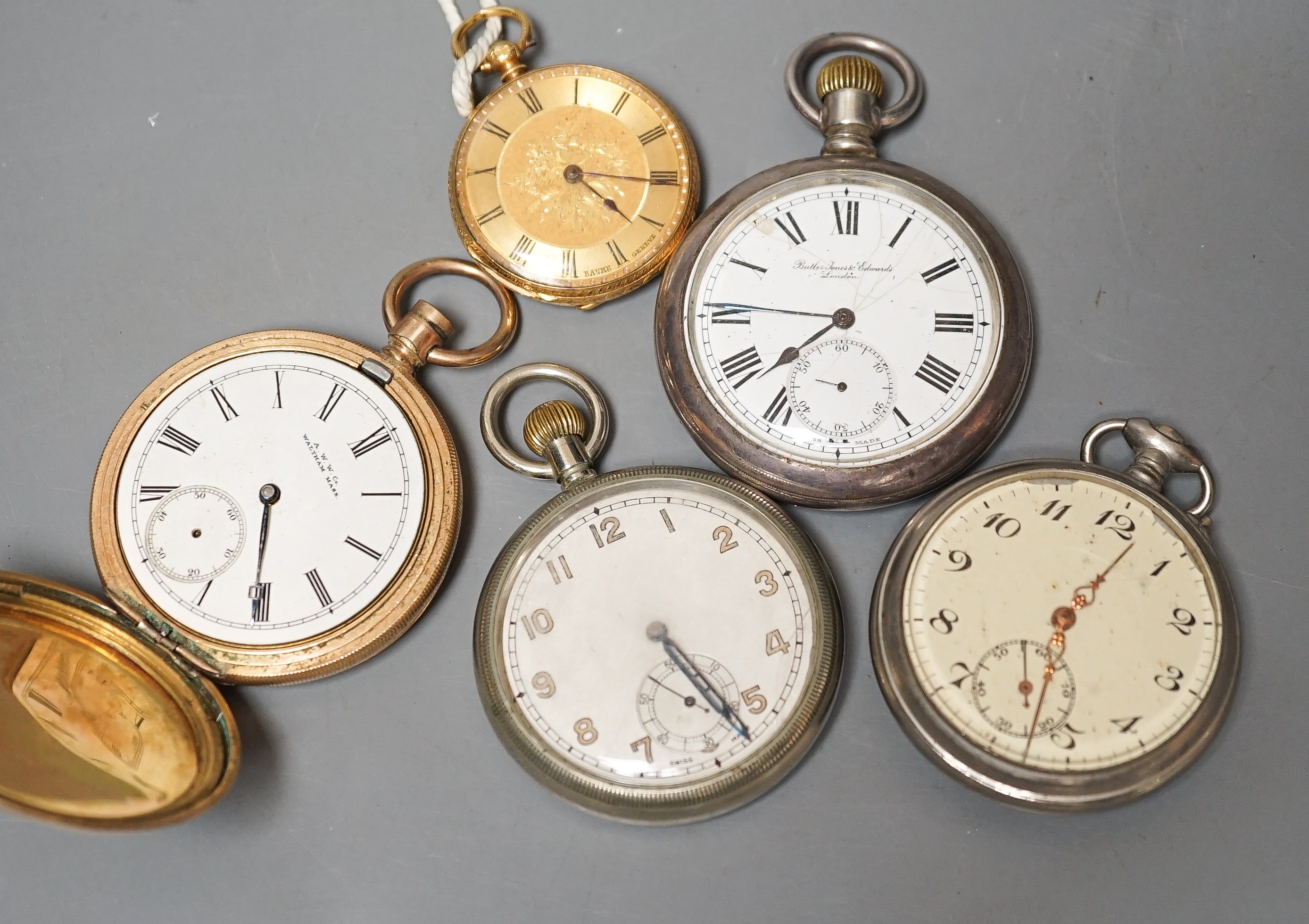 A collection of assorted pocket watches, including 1940's military, an 18k fob watch (gross 40.2grams), gold plated and engine turned Swiss 935 white metal.